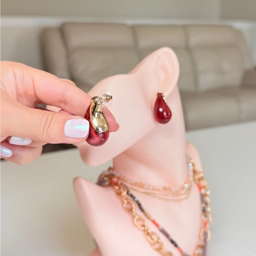 Gold Red Teardrop Drop Earrings - Women Jewelry